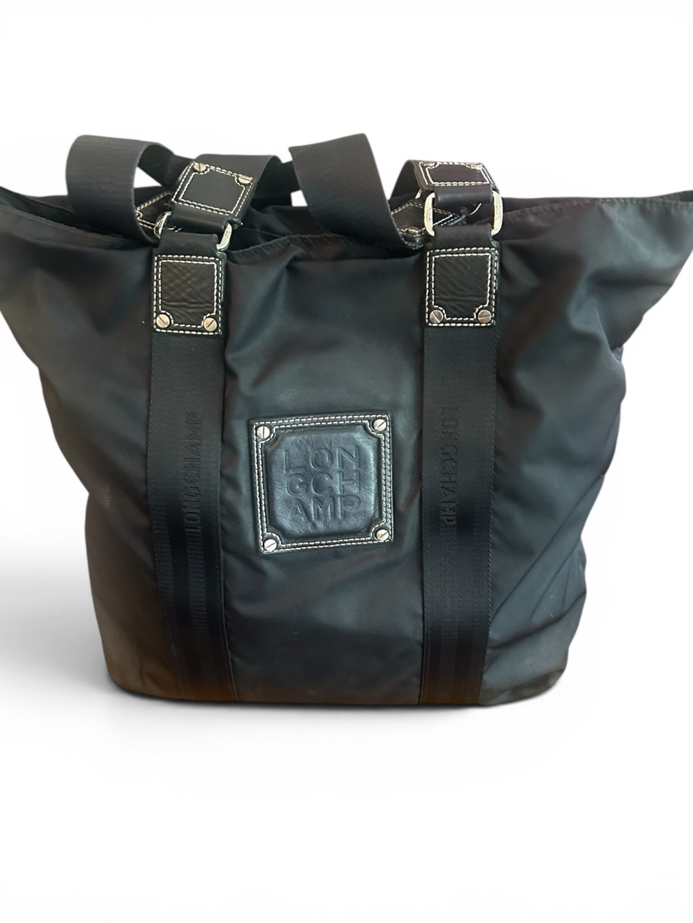 Longchamp Black Nylon  Utility Tote Bag made in France.